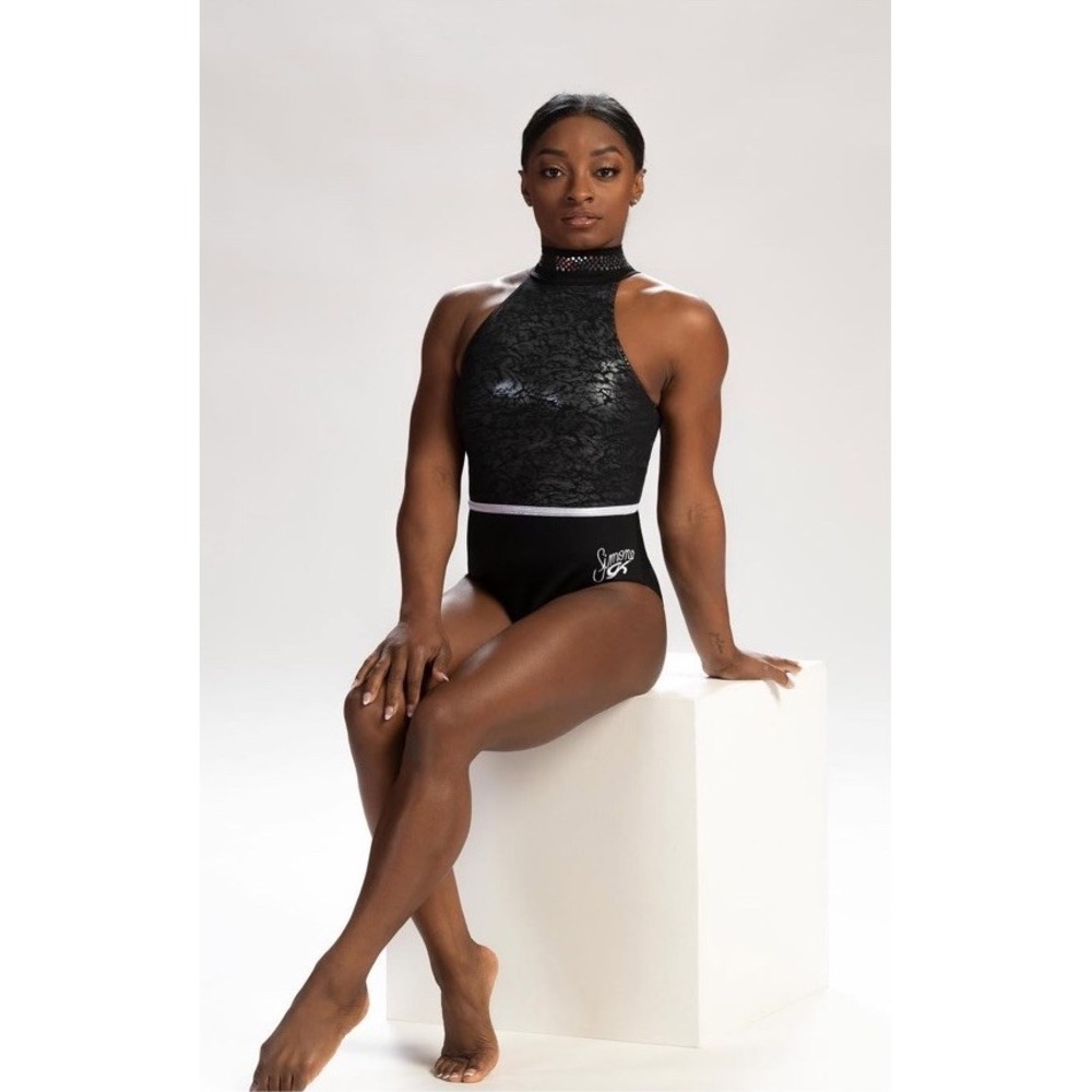 Simone Biles GK Elite Black Silver Mesh Leotard Gymnastics Made USA AM Adult M